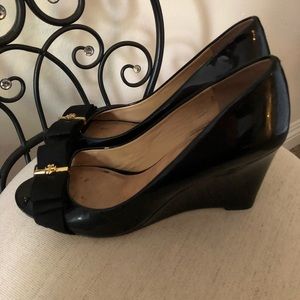 Black Tory Burch peep toe wedges
